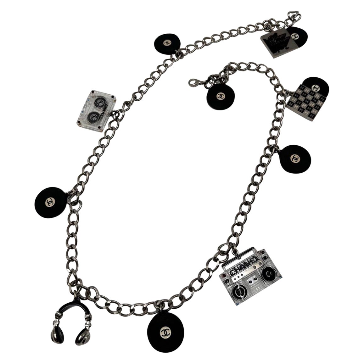 Chanel 2004 Rare Runway Charm Belt Necklace – Vinyl & Acrylic Music Theme(87 cm) For Sale