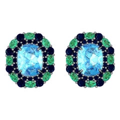 Custom Swiss Blue Topaz Emerald and Sapphire Lever-Back 18k White Gold Earrings