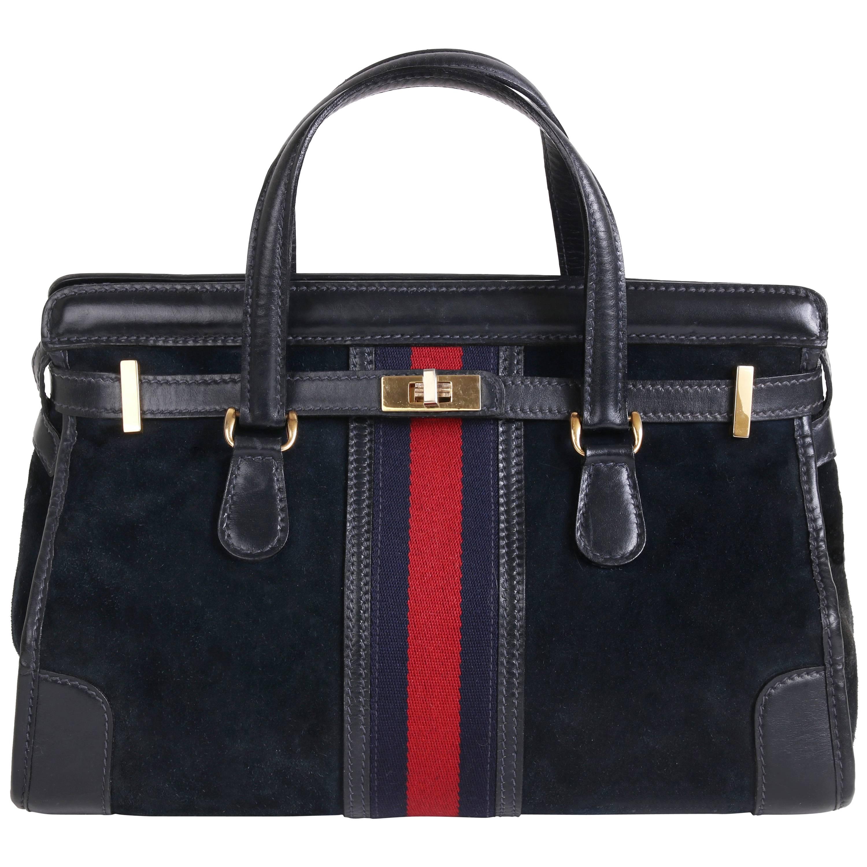 Rare 1970s Gucci Navy Blue Suede Doctor's Bag Handbag Tote w/Gucci Racer Stripe