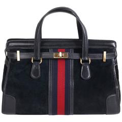 Retro Rare 1970s Gucci Navy Blue Suede Doctor's Bag Handbag Tote w/Gucci Racer Stripe