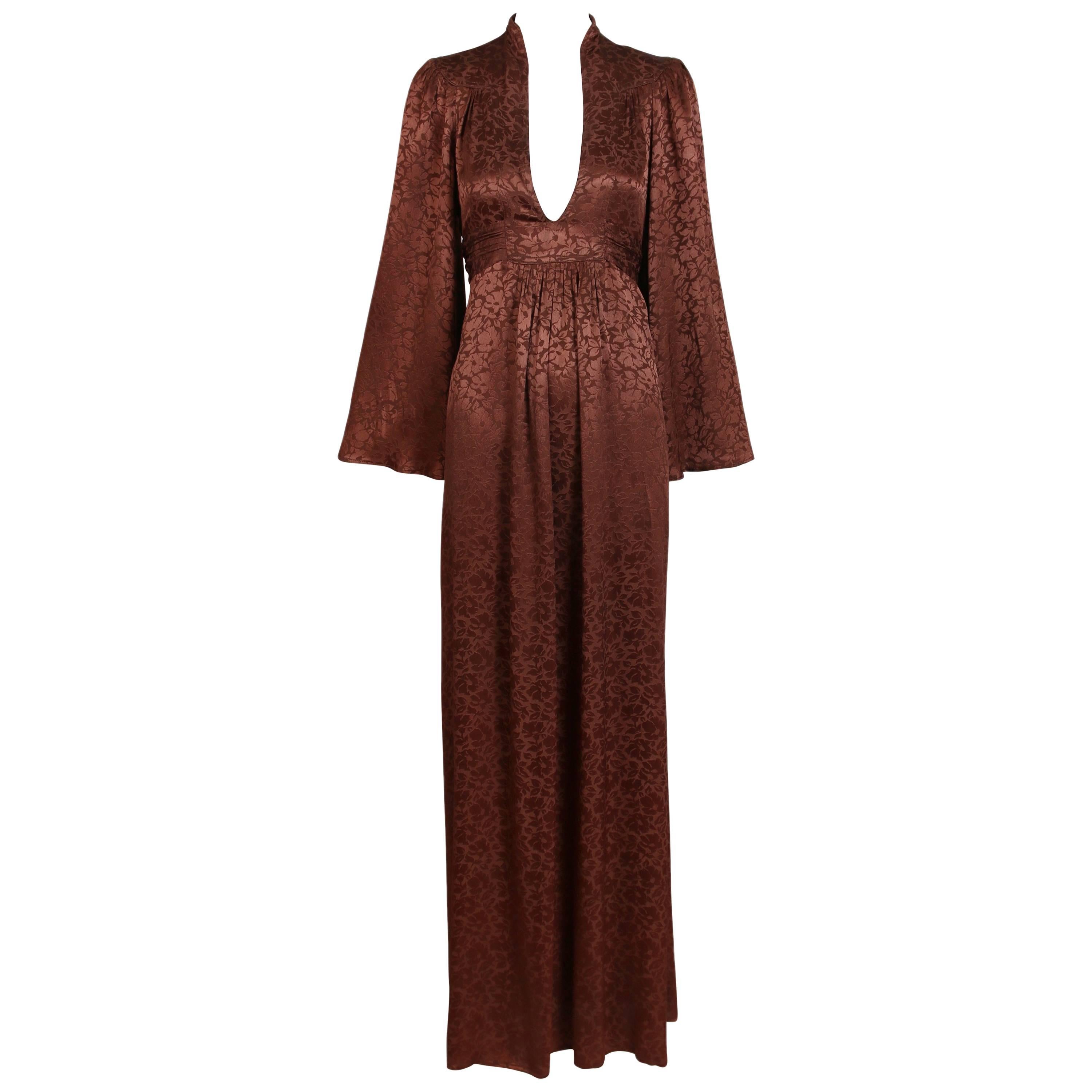 1970's Ossie Clark Brown Silk Damask Graduation Dress w/Plunge Neckline