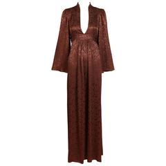 Vintage 1970's Ossie Clark Brown Silk Damask Graduation Dress w/Plunge Neckline