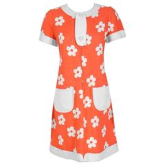 1967 Courreges Couture Orange & White Floral Print Silk Mod Space-Age Dress 10