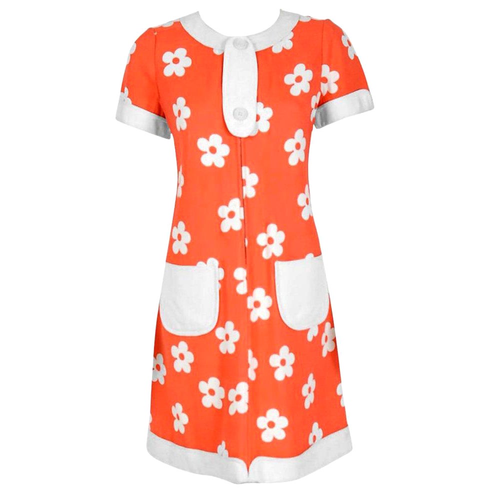 Vintage 1967 Courreges Couture Documented Orange Floral Print Silk Mod Dress