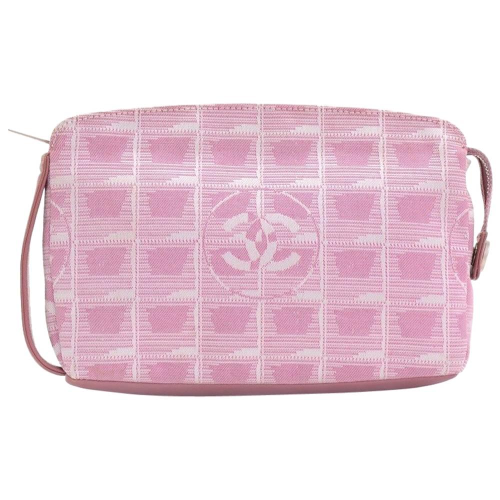 Chanel Pink Jacquard Nylon Travel Line Pouch Hand Bag
