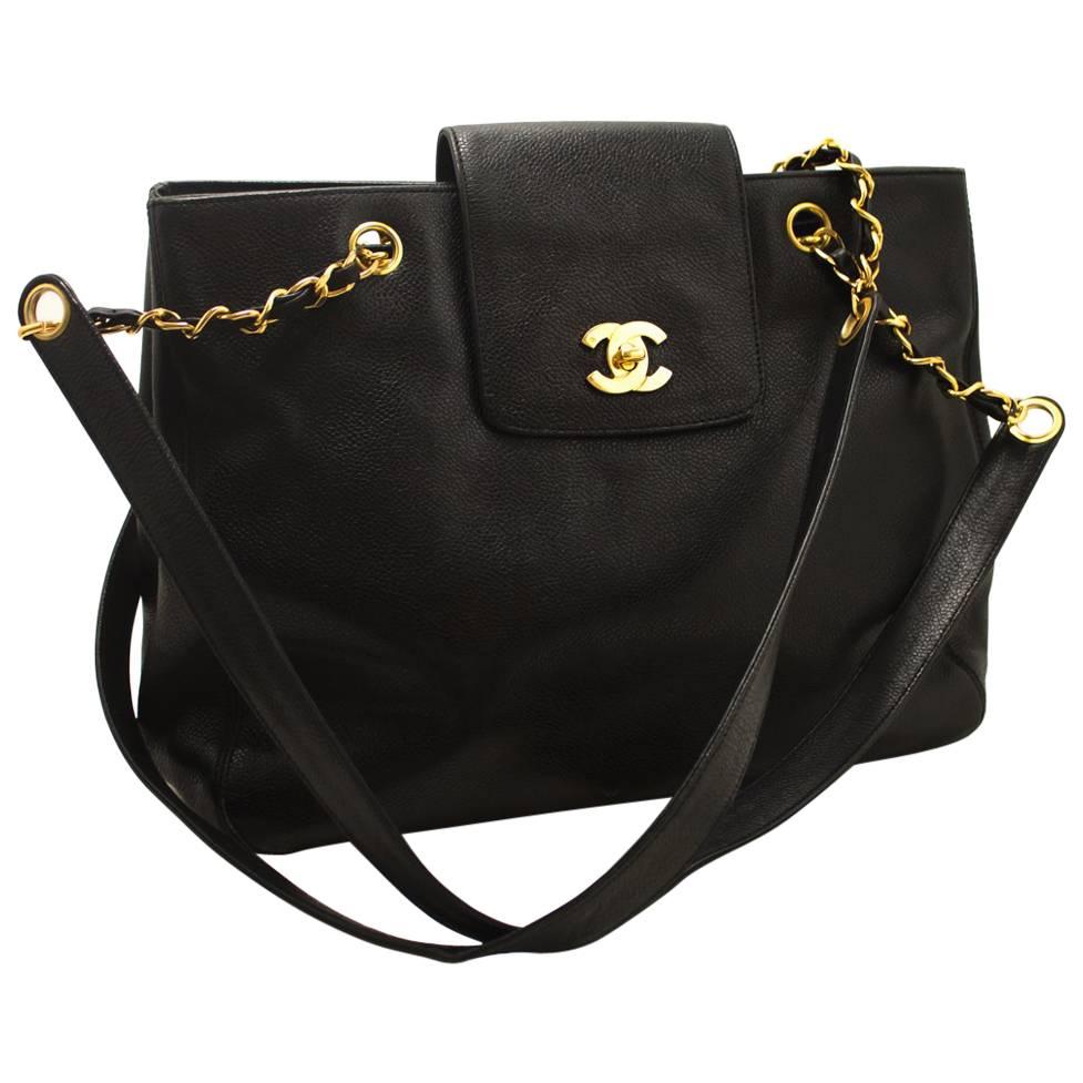 CHANEL Caviar Jumbo Large Chain Shoulder Bag Black Leather Gold 