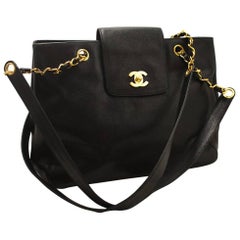 Vintage CHANEL Caviar Jumbo Large Chain Shoulder Bag Black Leather Gold 