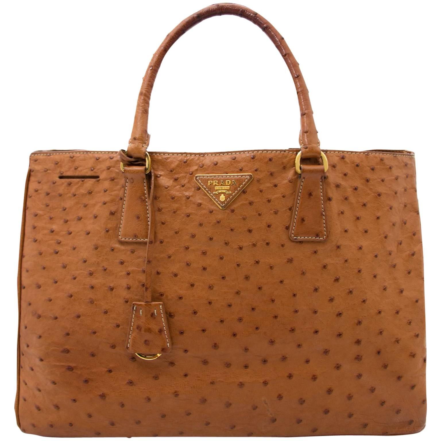  Prada Camel Ostrich Convertable Tote Bag