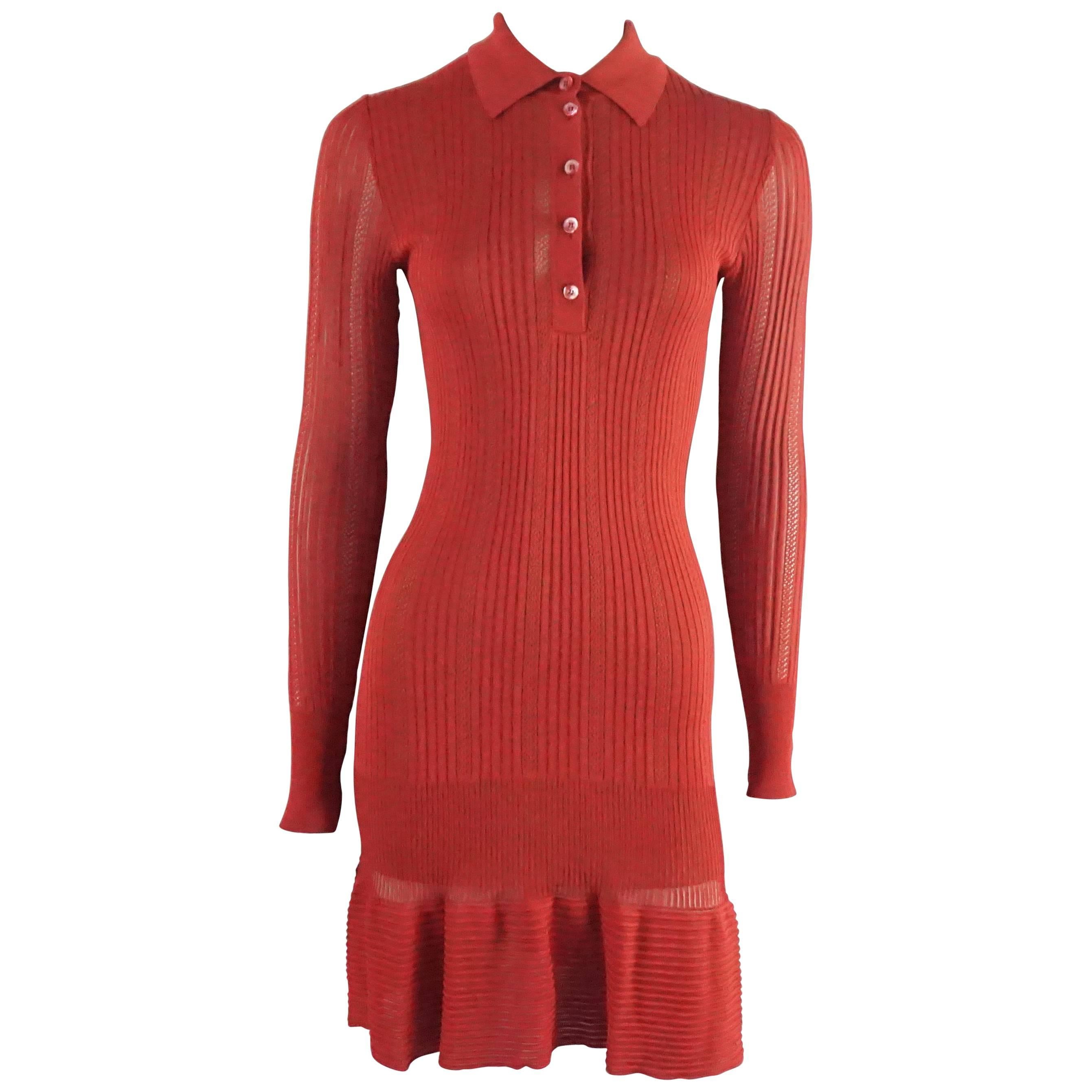 Alaia Red Knit Long Sleeve Collared Dress - S 