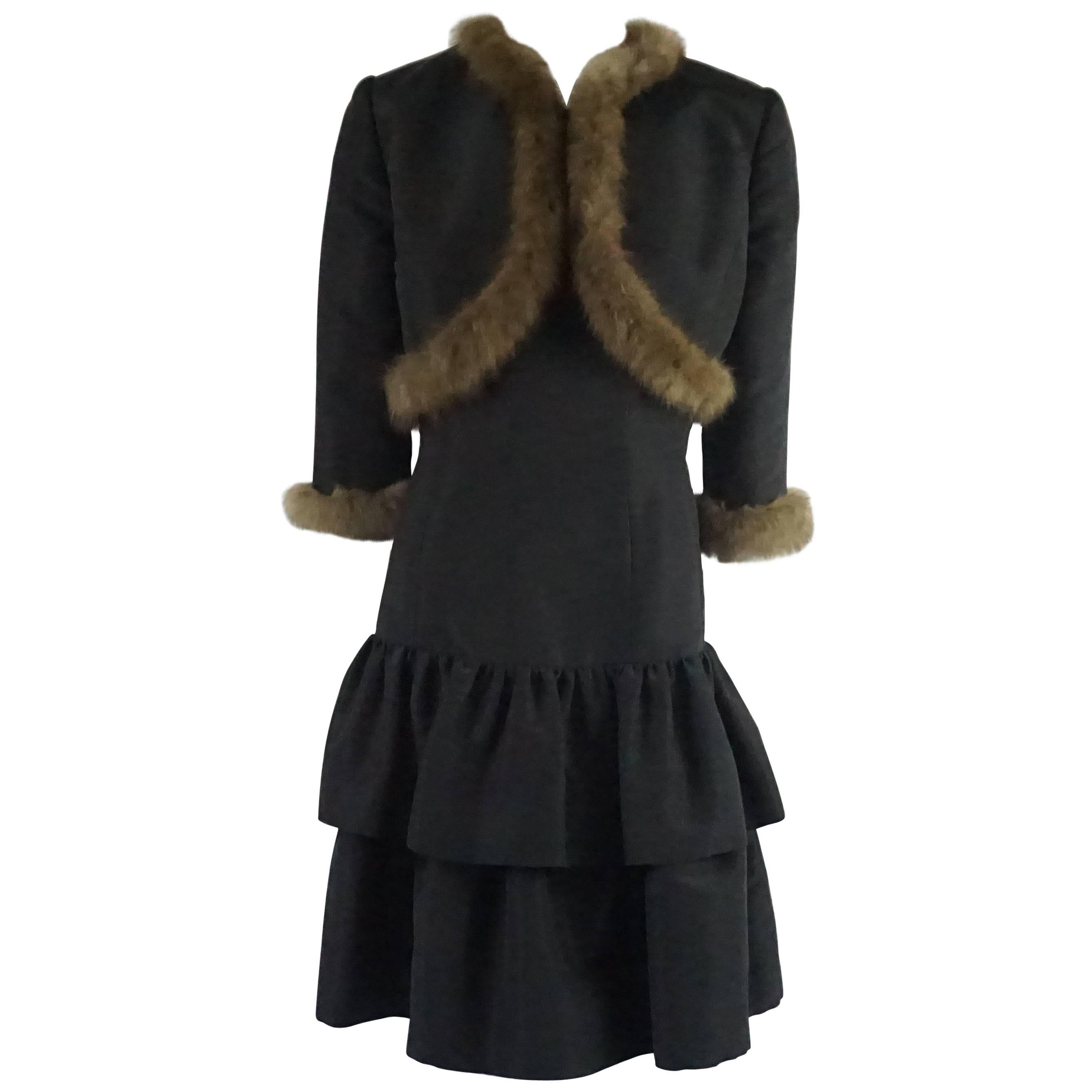Oscar de la Renta Black Taffeta Dress and Jacket with Sable Trim - 10 For Sale