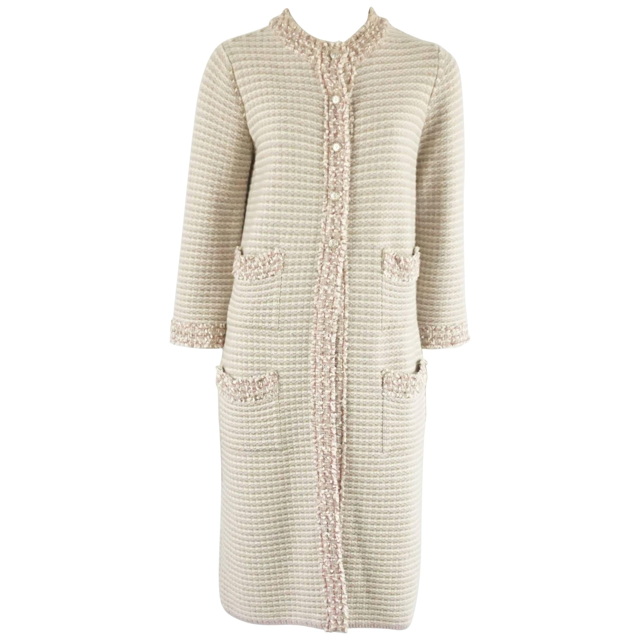 Chanel Tan, Ivory, and Rose Cashmere Blend Full Sweater Coat - 40 