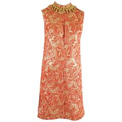Oscar de la Renta Red and Gold Brocade Dress with Beaded Collar - M - 1990's 10