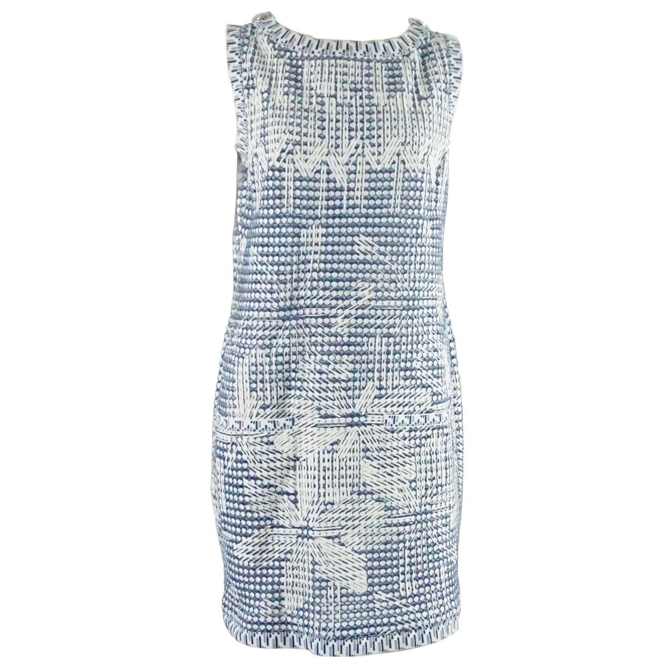 Chanel Blue and White Knit Sleeveless Shift Dress with Pockets - 38 at ...
