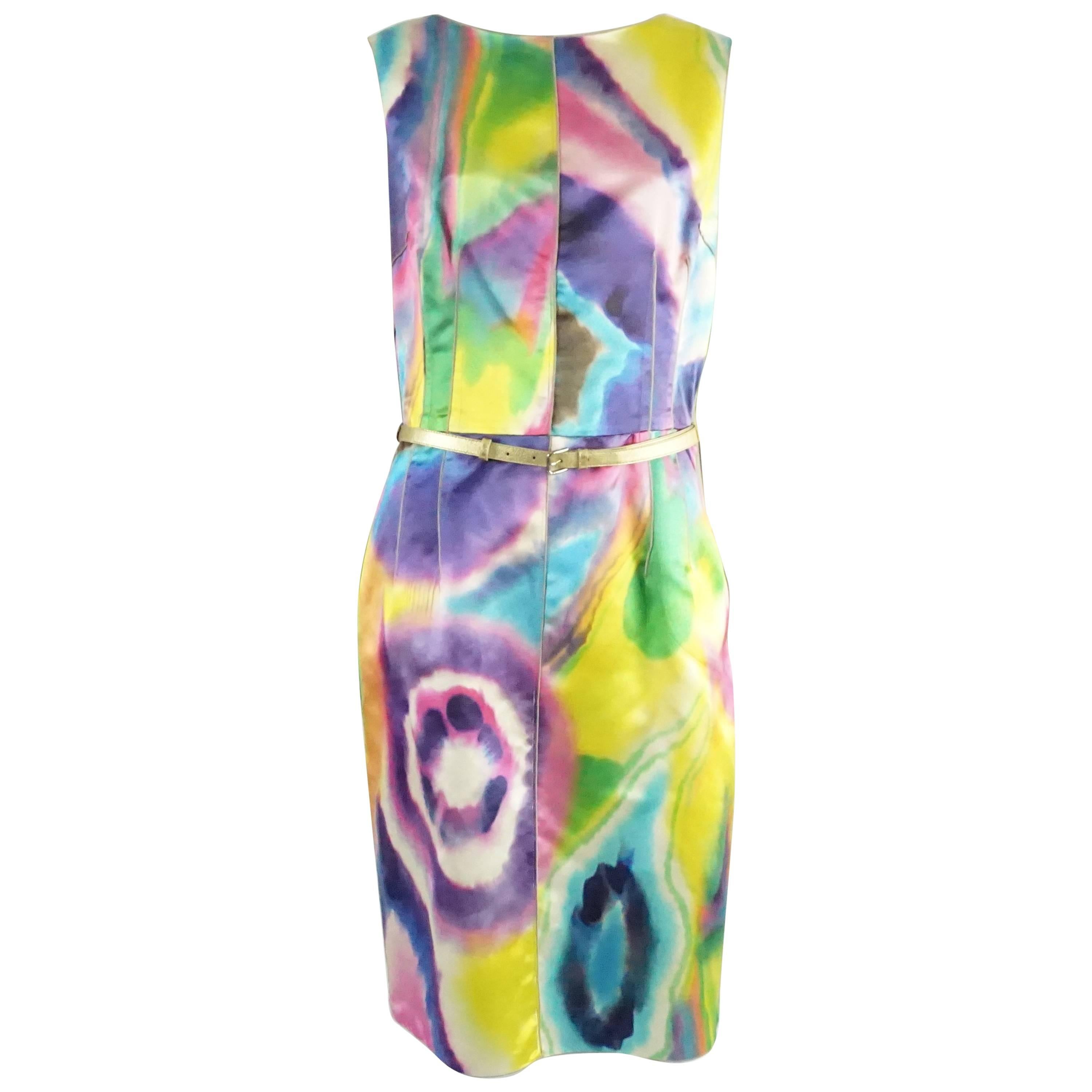 Dolce & Gabbana - Robe en soie imprimée multicolore tie-dye avec poches - 44 en vente