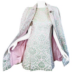 1960s Seymour Fox Rosa + Marfil Brocado de Seda Vestido y Chaqueta Vintage 60s A Line