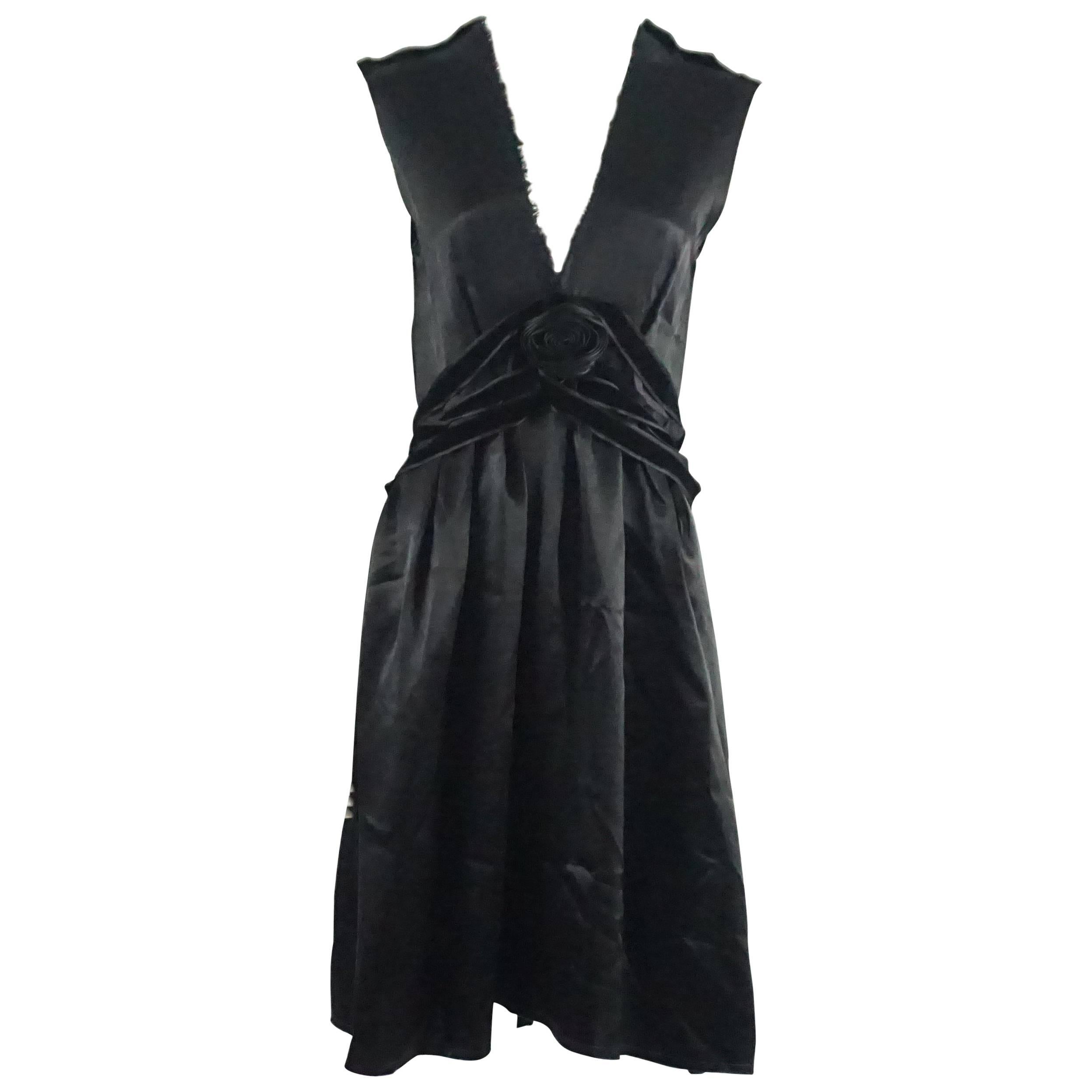 Lanvin Black Silk Sleeveless Dress with Velvet Flower and Ribbon - 36