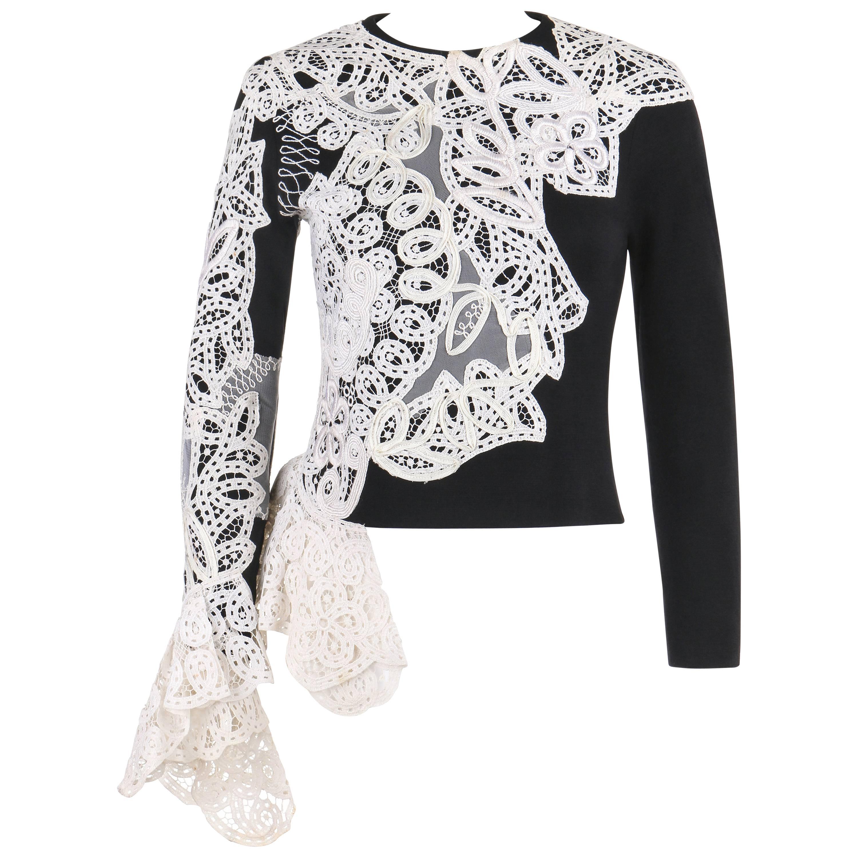 GIANFRANCO FERRE A/W 1988 Black Wool Knit White Avant Garde Lace Applique Top