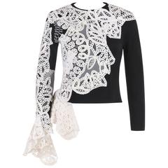 Vintage GIANFRANCO FERRE A/W 1988 Black Wool Knit White Avant Garde Lace Applique Top