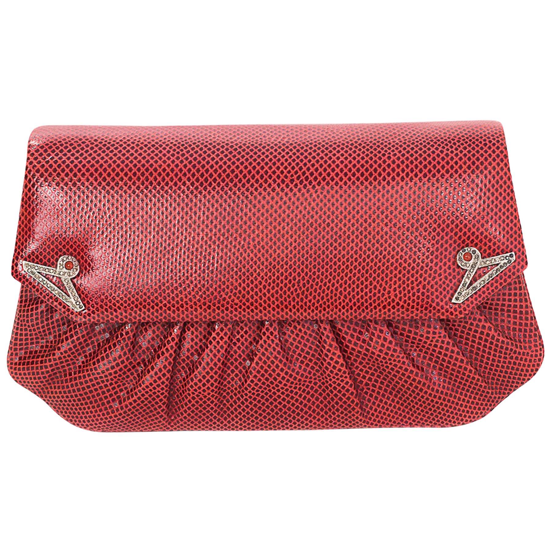 Judith Leiber Red Lizard Clutch/Crossbody Convertible Evening Bag