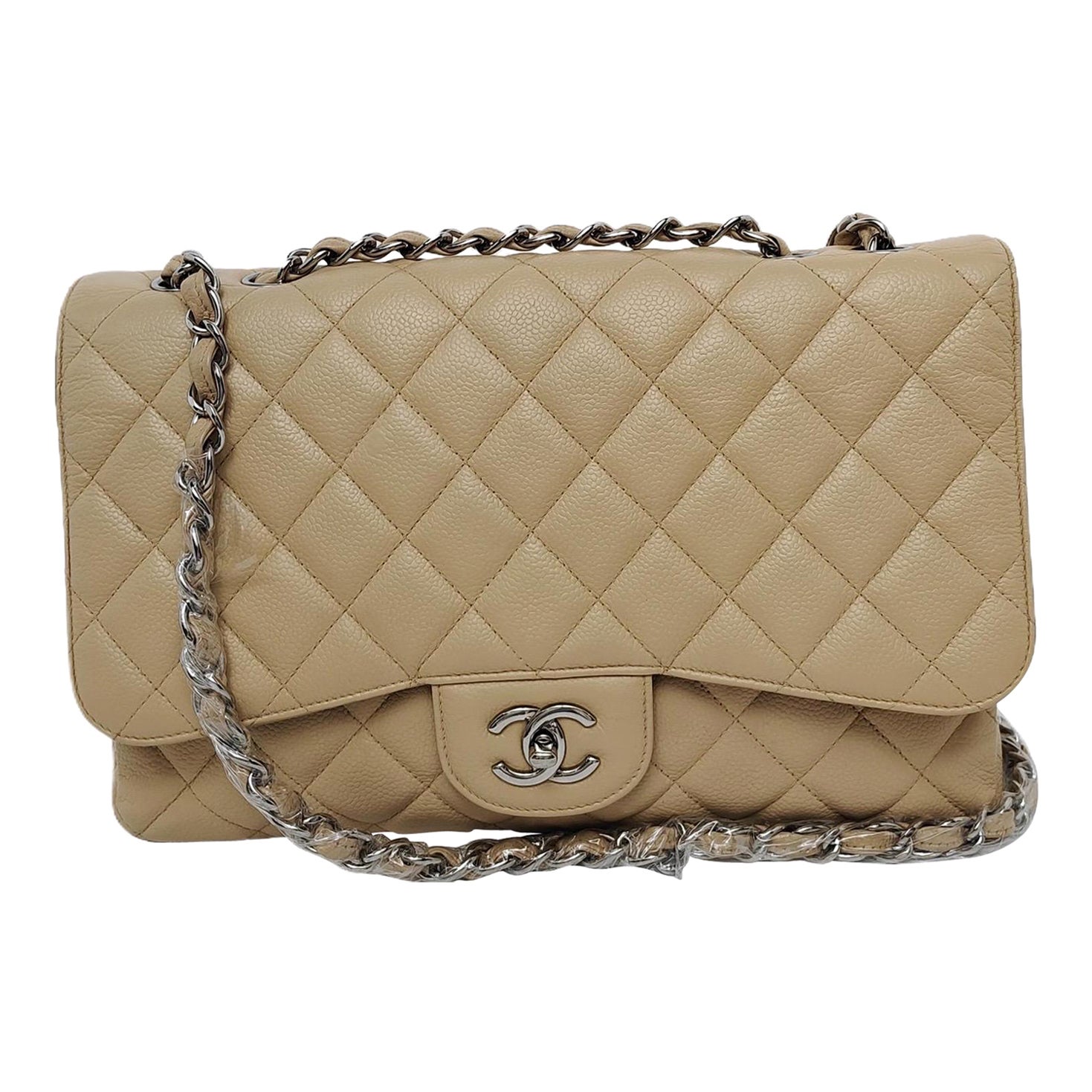 Chanel Classic Flap Jumbo 2009 Beige Caviar Leather Single Flap Silver Hardware For Sale
