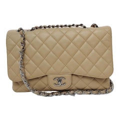 Chanel Classic Flap Jumbo 2009 Beige Caviar Leather Single Flap Silver Hardware