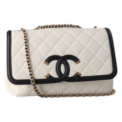 Chanel Filigree Flap Bag Caviar Leather Small White with Black Trim