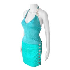 Gianni Versace S/S 2003 Runway Embellished Top & Leather Mini Skirt 2 Piece Set