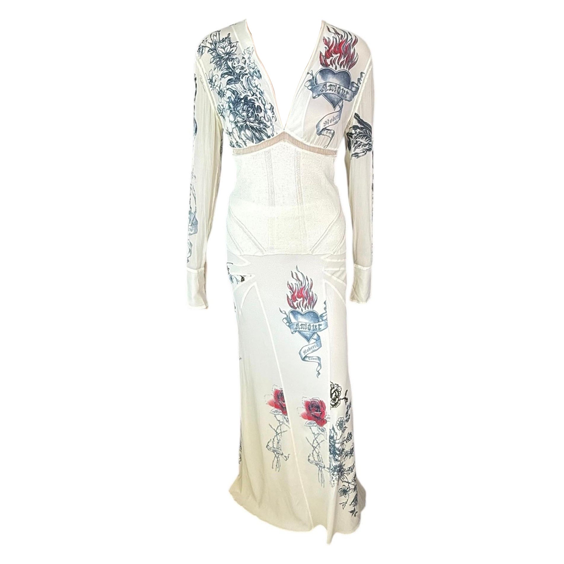 Roberto Cavalli S/S 2003 Tatuaje Paneles transparentes Top y Maxifalda Conjunto 2 piezas en venta