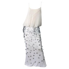1990er CD Grün Elfenbein Grau Silber Seide Jersey Chiffon Perlen Pailletten 90er Jahre Kleid