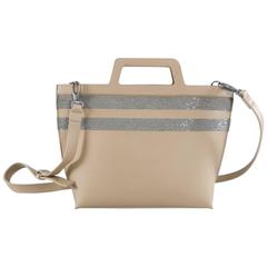 Brunello Cucinelli Beige Leather Bag with Silver Beaded Chain Detail