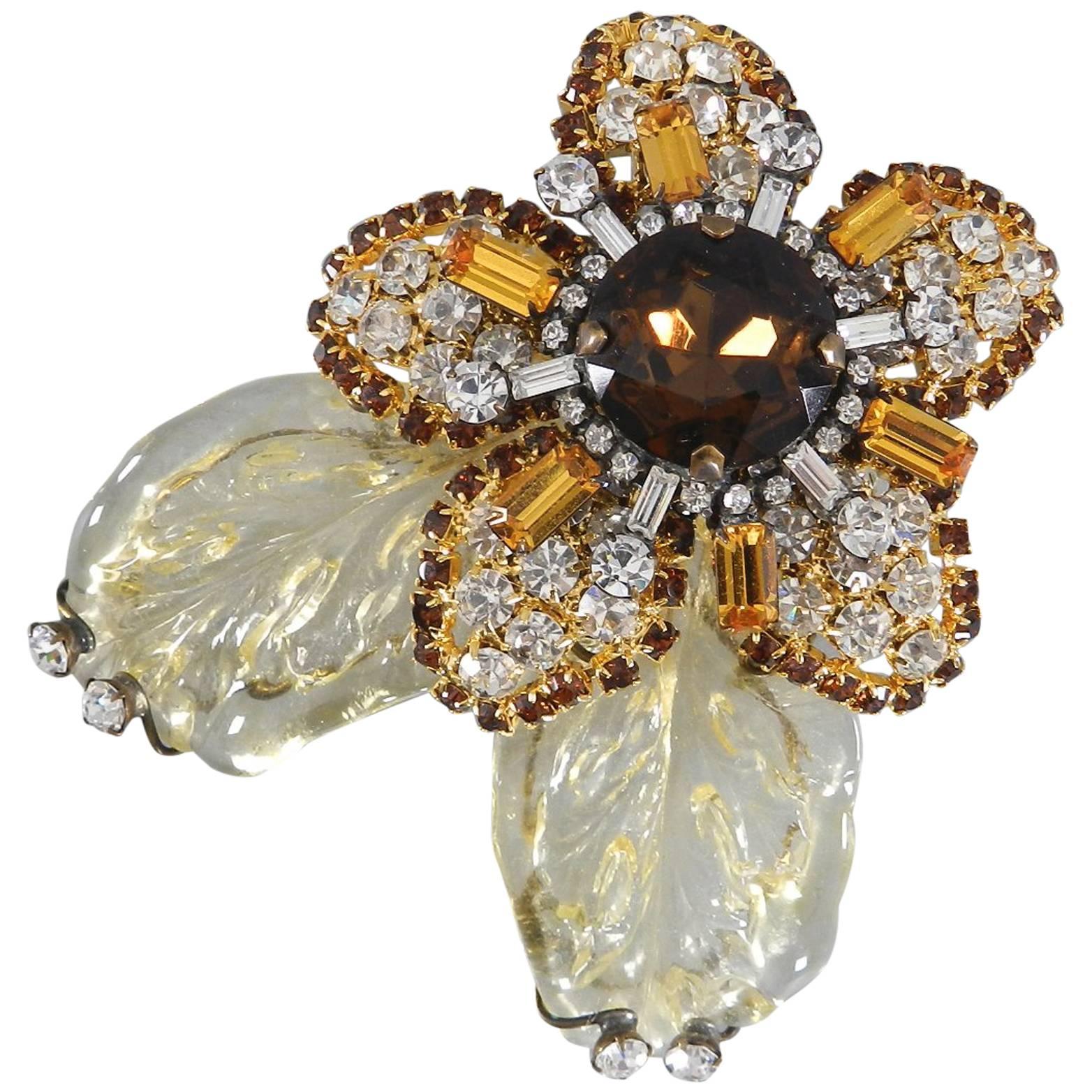 Lawrence VRBA Large Flower Brooch with Yellow Amber Glass rhinestones