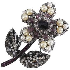 Lawrence VRBA Large Flower Brooch with Purple glass, pearls, rhinestone