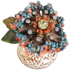 Lawrence VRBA Large vintage style seashell brooch with turquoise and coral