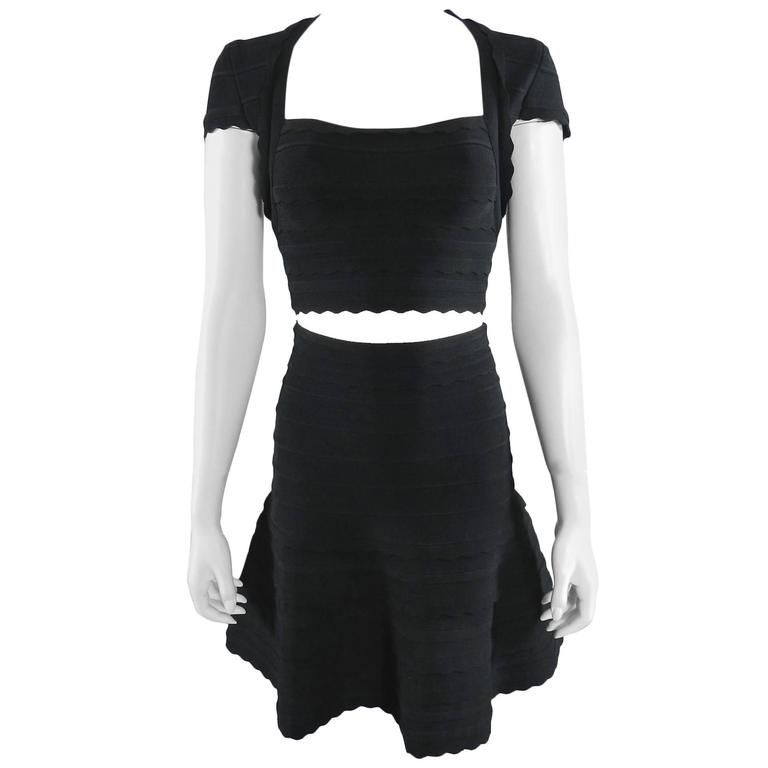 Herve Leger 2pc Crop Bodycon Fit and Flare Skirt and Top at 1stDibs