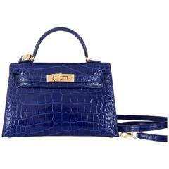 Hermes Kelly 20cm Blue Sapphire Alligator Mini Sellier Gold Hardware - Limited