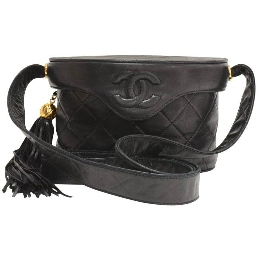 Chanel 7" Black Quilted Leather Fringe Shoulder Pochette Bag For Sale