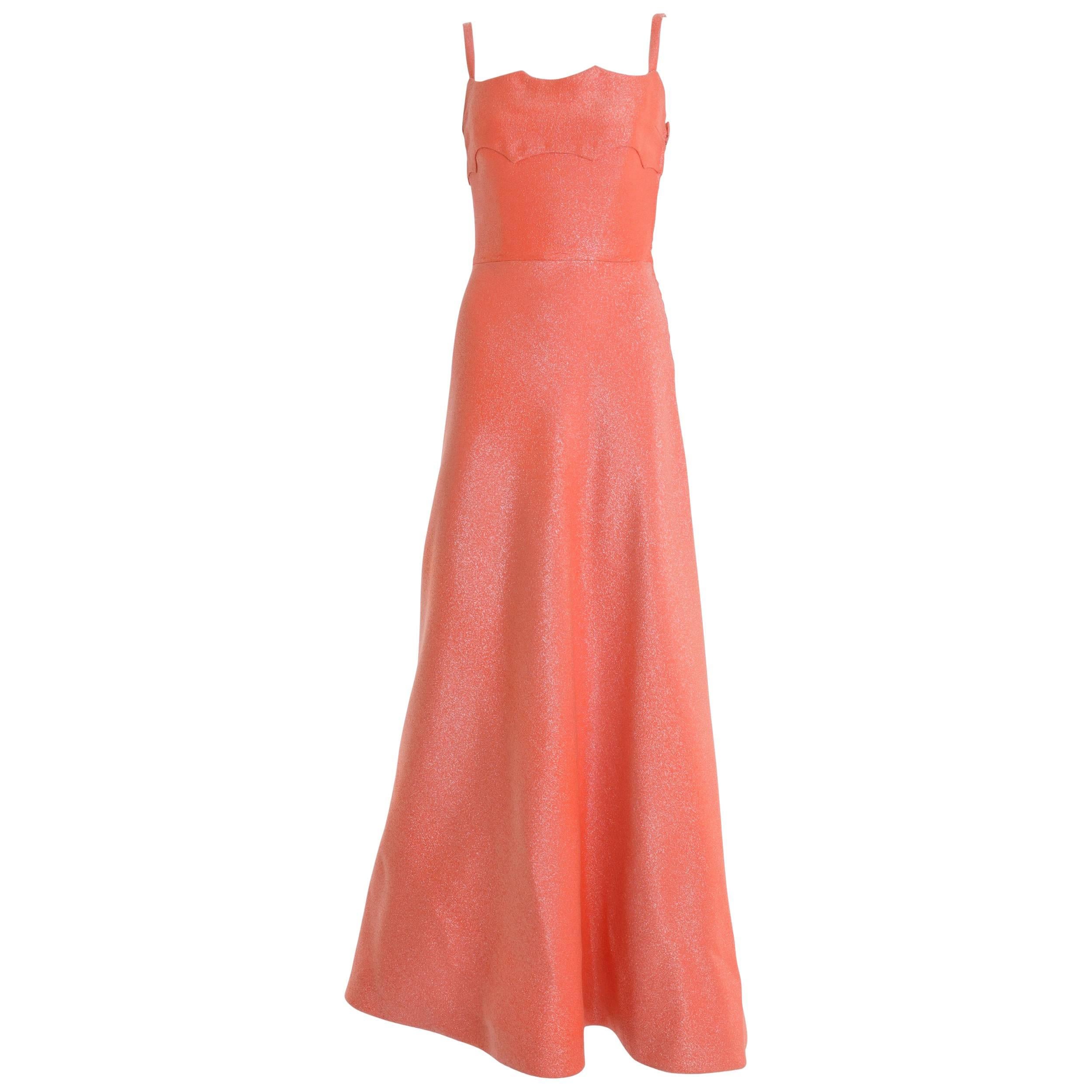 1960s CURIEL Italian Couture Orange Lurex Long Evening Dress For Sale