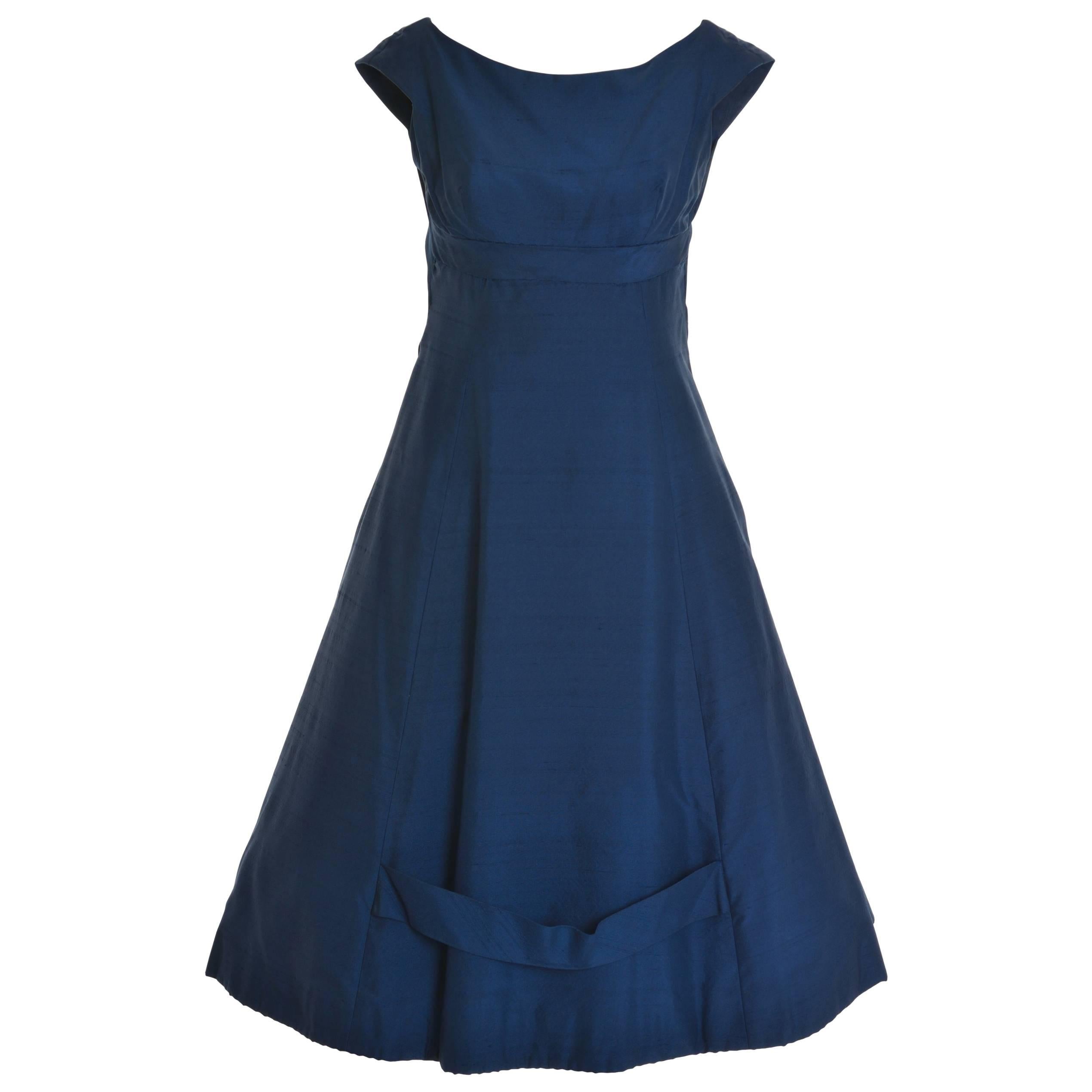 1950s TIZZONI Italian Couture Blue Taffeta Cocktail Dress For Sale