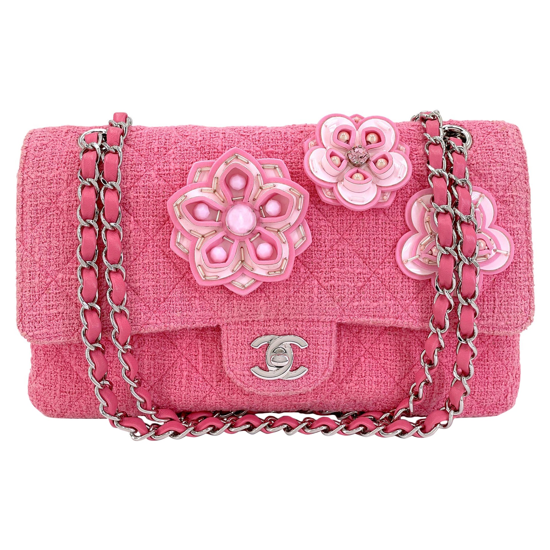 Chanel Pink Tweed Crystal Sakura Flower Flap Bag Silicone SHW 68348 For Sale