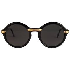 New Cartier Cabriolet Round Black & Gold 52MM 18K Gold Sunglasses France 1990's