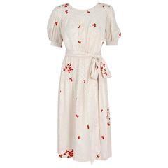 1978 Yves Saint Laurent Haute-Couture Ivory Red Print Silk Peasant Dress & Shawl 6
