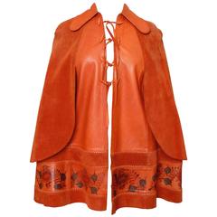 Hand Painted Leather Cape Poncho with Suede Caplets by Char Mexico Festival 70s 11