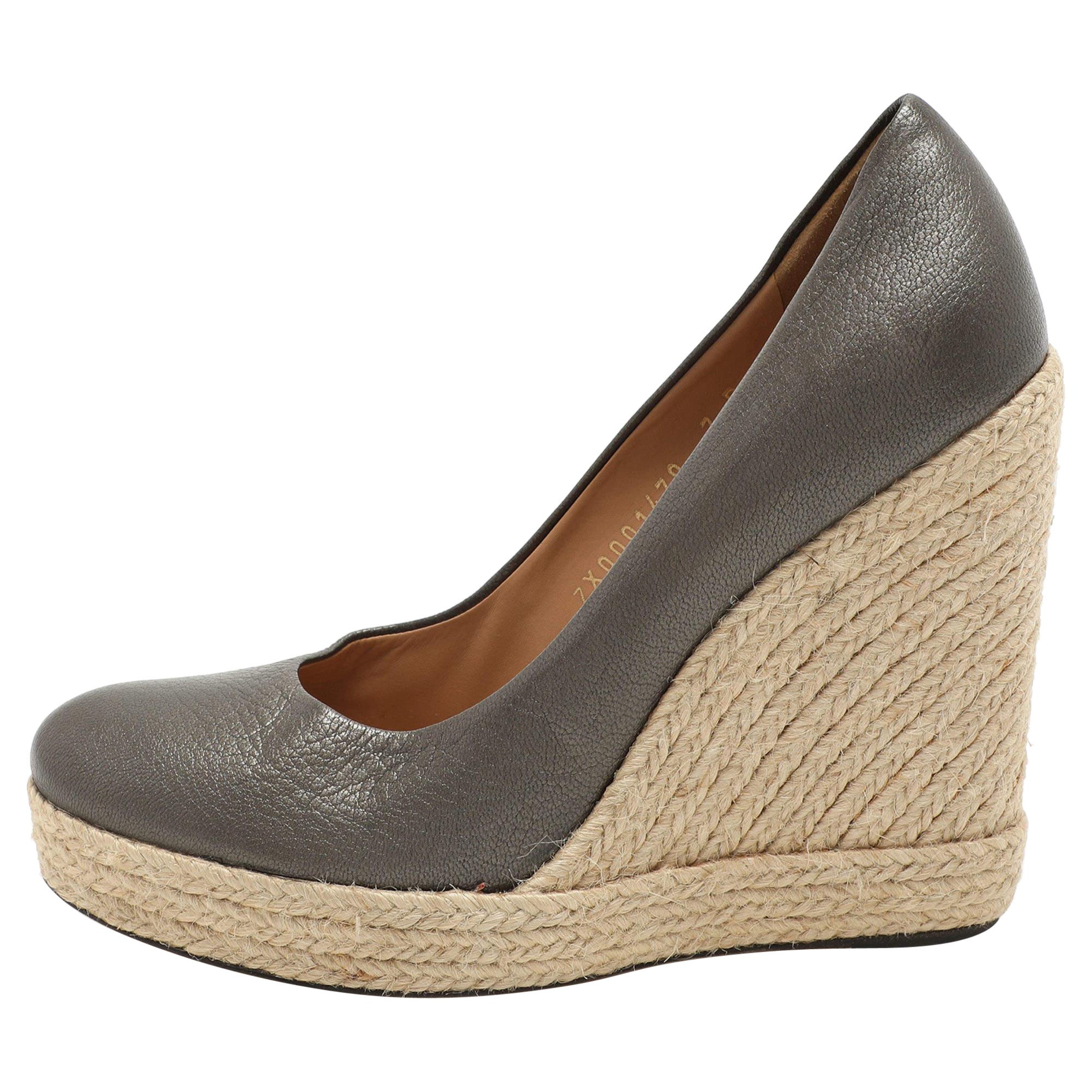 Salvatore Ferragamo Metallic Grey Leather Wedge Espadrille Pumps Size 37.5