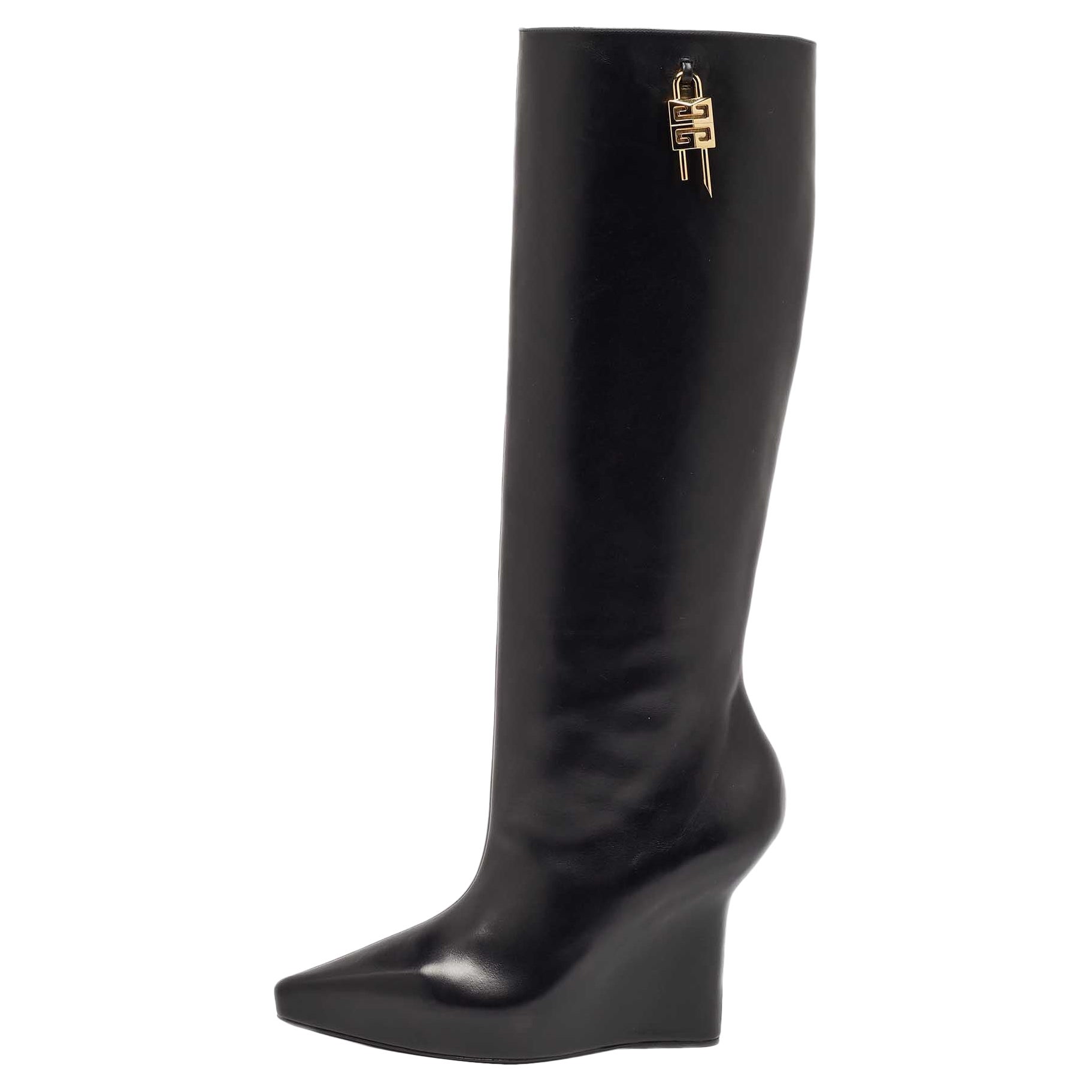 Givenchy Black Leather Wedge Knee Length Boots Size 37 For Sale