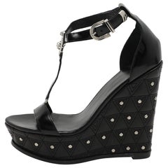 Versace Black Leather Medusa Embellished Platform Wedge Sandals Size 40