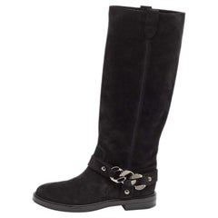 Casadei Black Suede Chain Detail Knee Length Boots Size 39