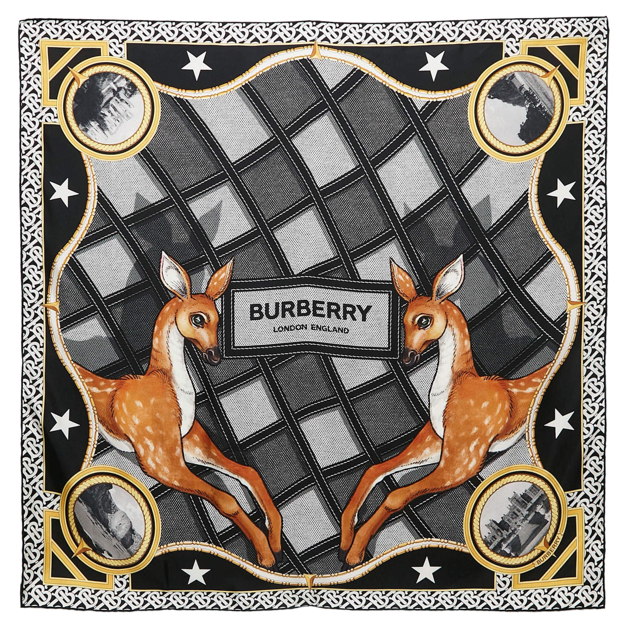 Burberry Sciarpa quadrata in seta con stampa cervo giallo/nera in vendita