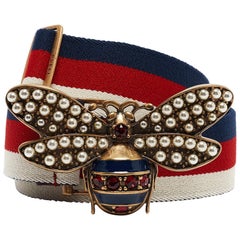 Gucci Tricolor Web Canvas Queen Margaret Bee Belt 80CM