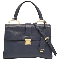 Miu Miu Navy Blue Leather Madras Top Handle Bag
