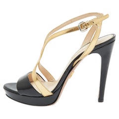 Prada Schwarz/Gold Leder Riemchen-Plateausandalen Größe 37